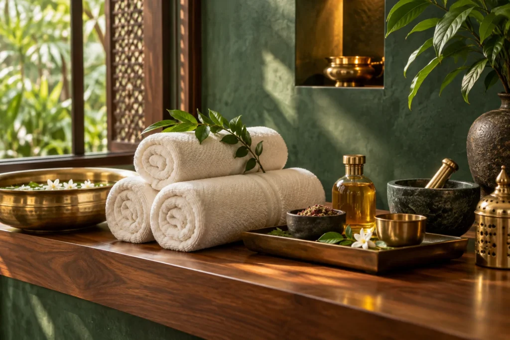 Illustrative spa preparation with folded towels, botanical massage oil and herbal ingredients